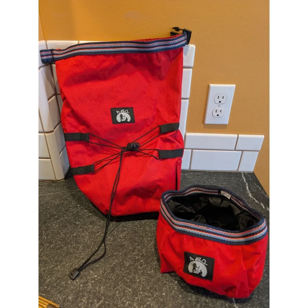 ABO Red Canvas Dog Travel Bag and Collapsible Portable Water Bowl Set Hiking